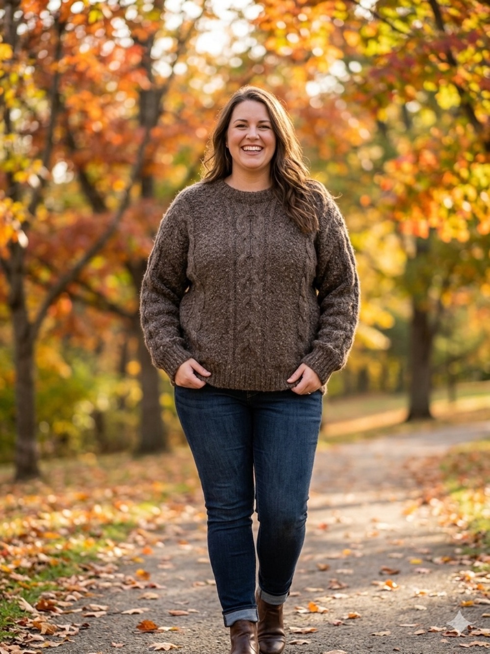 Brown Cable-Knit Crewneck Sweater
